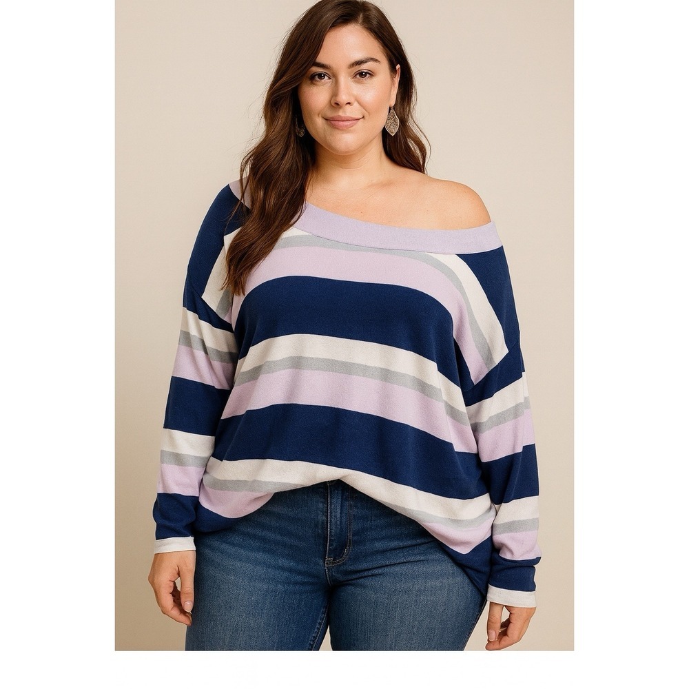 perch by‎ blu-pepper sweater blue purple Striped V-neck Long Sleeve Size  1XL